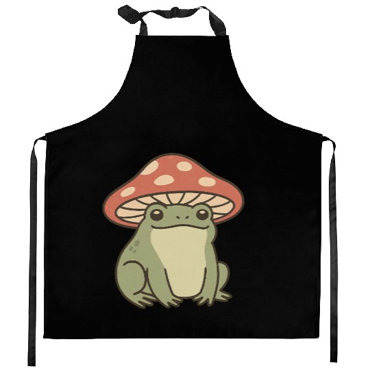 Whimsical Frog with Mushrooms Illustration Kitchen Aprons