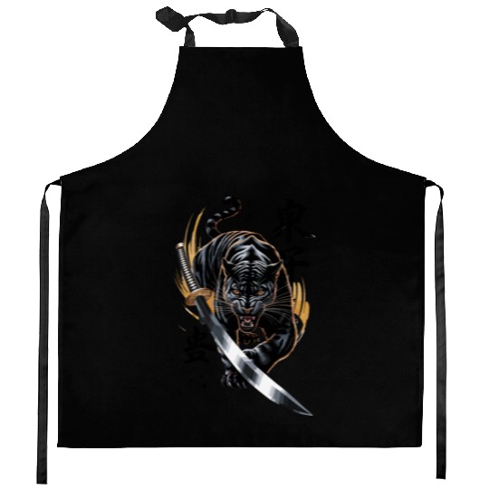 Fierce Black Panther With Samurai Sword Kitchen Aprons