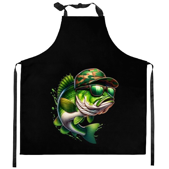 Camo Hat Bass Fish with Green Sunglasses Kitchen Aprons