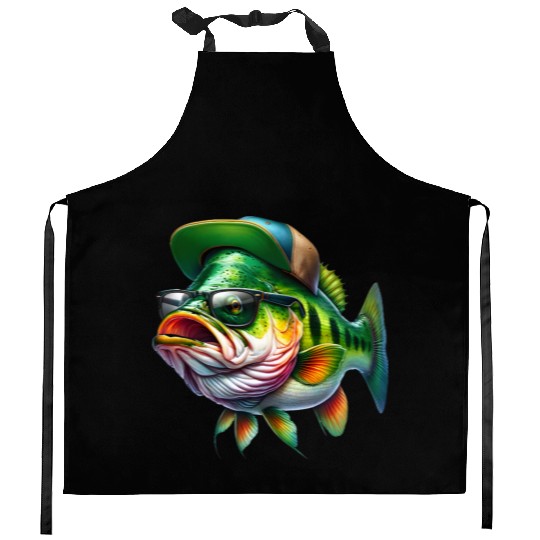 Cool Bass Fish with Green Hat and Glasses Kitchen Aprons