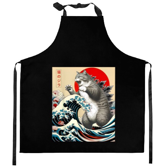 Catzilla Cat Japanese Art Funny Cat Kitchen Aprons