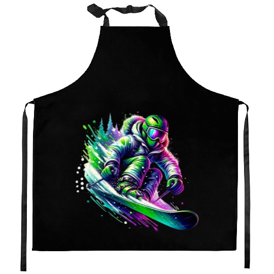 Vibrant Neon Skiing Warrior Kitchen Aprons