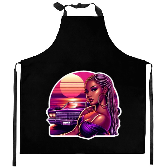 Vivid Retro Sunset Portrait with Classic Car Kitchen Aprons