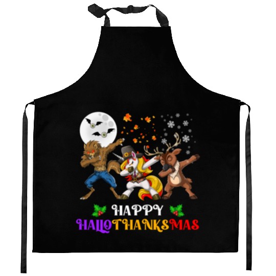 Happy Hallothanksmas Dabbing werewolf Unicorn Deer Kitchen Aprons