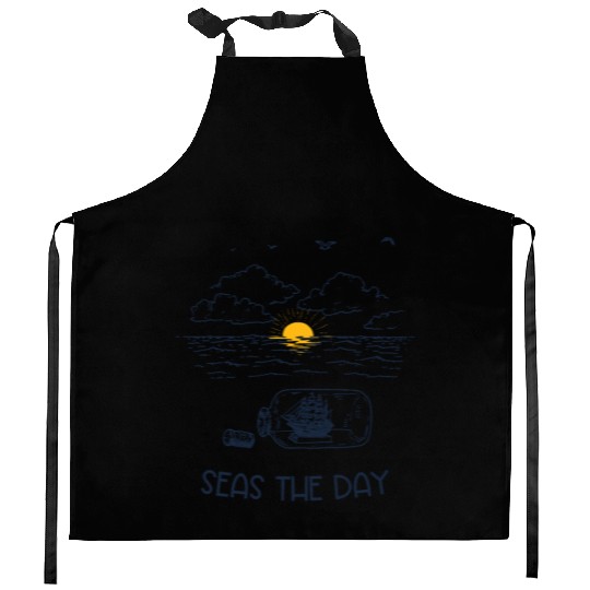 Seas the Day, Ship in a Bottle Ocean Line Art Kitchen Aprons