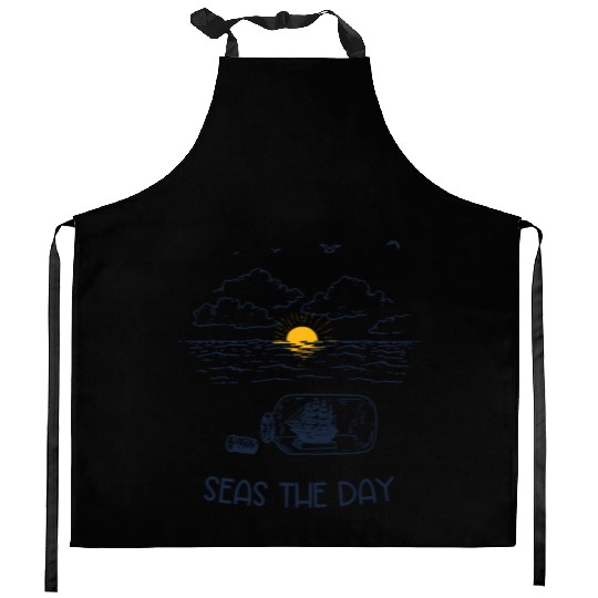 Seas the Day, Ship in a Bottle Ocean Line Art Kitchen Aprons
