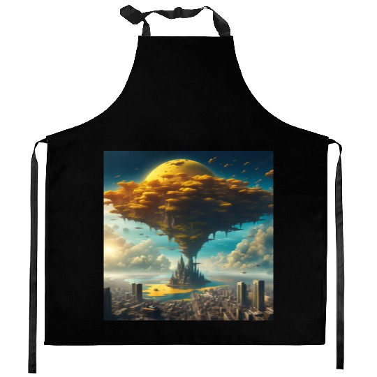 Sci-Fi Alien City: Floating Planet Twilight Scene Kitchen Aprons