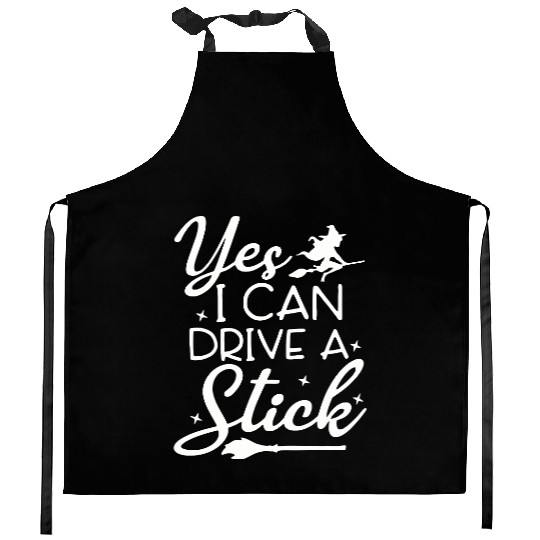 Whimsical Witch Riding Stick Figure Design Kitchen Aprons