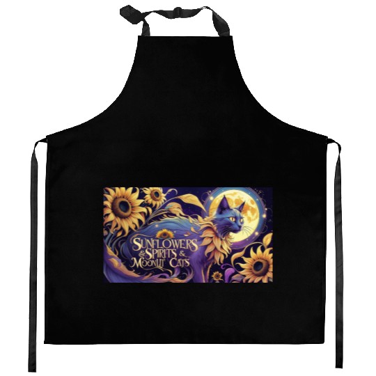 Celestial Cat Among Sunflowers and Moonlit Night Kitchen Aprons