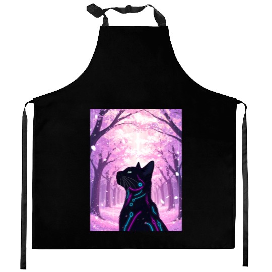 Midnight Cyber Cat | Pink Cherry Blossom Forest Kitchen Aprons