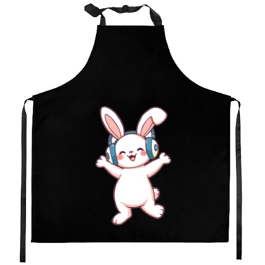 Joyful Bunny with Headphones Kitchen Aprons