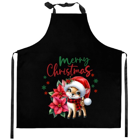 Festive Christmas Puppy with Poinsettia Kitchen Aprons