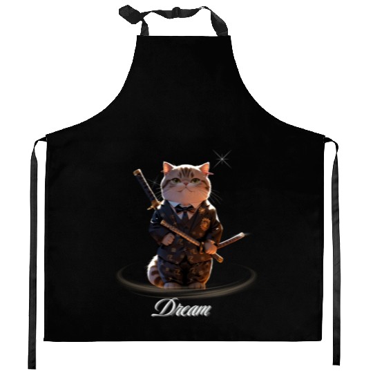 Samurai Cat in Formal Kimono Kitchen Aprons