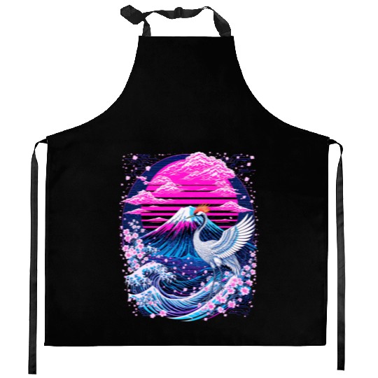 Neon Sakura Crane & Mount Fuji Scene Kitchen Aprons