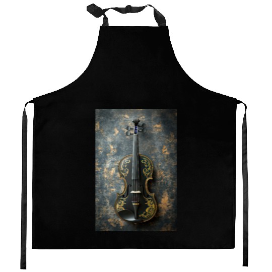 Elegant Black and Gold Violin Kitchen Aprons