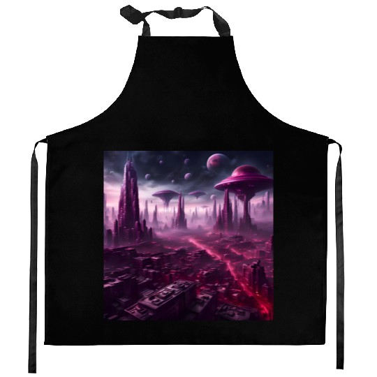 Sci-Fi Future World And Alien City in Neon Pink Kitchen Aprons