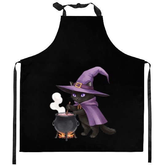 Enchanted Black Cat Witch Illustration Kitchen Aprons