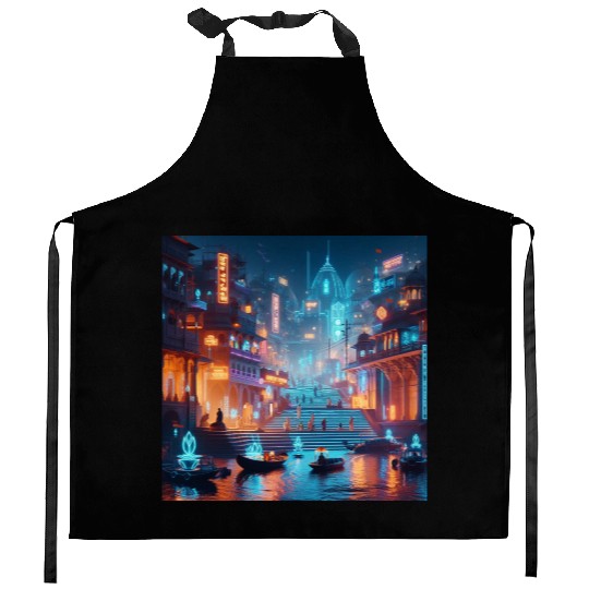 Neon Cityscape at Night Kitchen Aprons