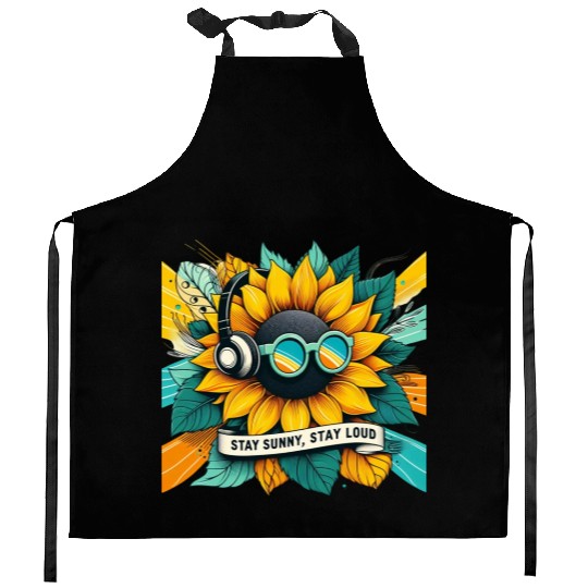 Sunflower with Sunglasses and Headphones Kitchen Aprons