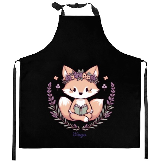 Cute Fox Virgo Reading with Floral Crown Kitchen Aprons