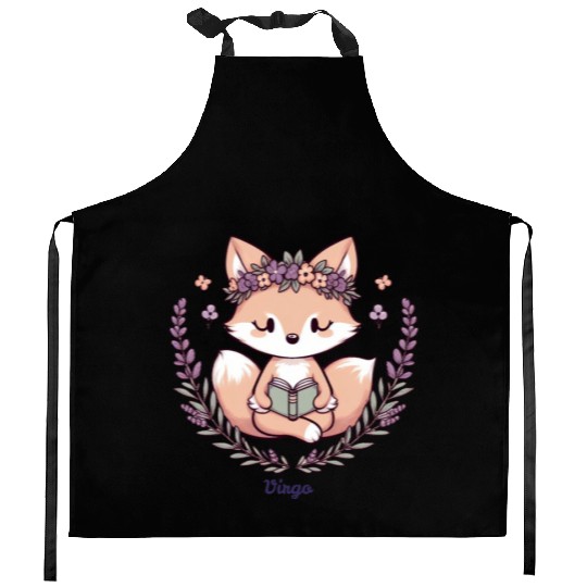 Cute Fox Virgo Reading with Floral Crown Kitchen Aprons