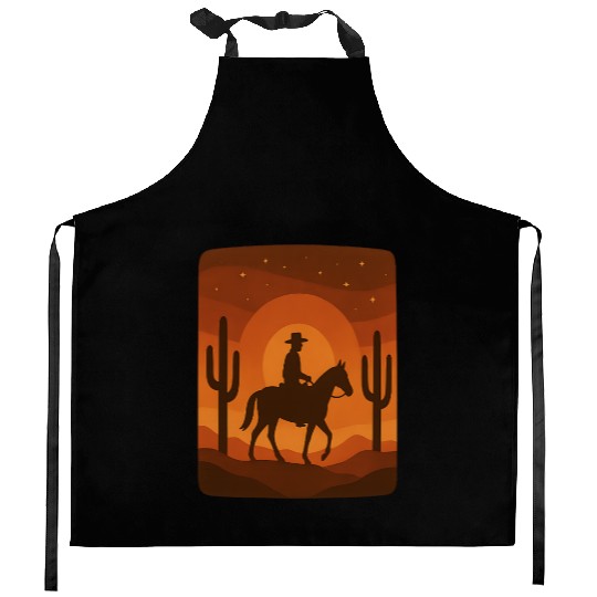 Cowboy Silhouette Sunset Scene Kitchen Aprons