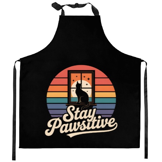 Stay Pawsitive Retro Cat Window Starry Night Kitchen Aprons