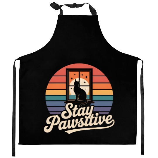 Stay Pawsitive Retro Cat Window Starry Night Kitchen Aprons