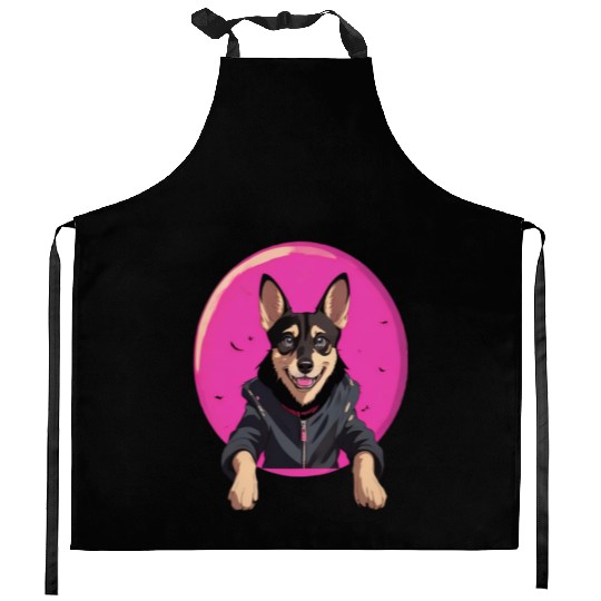 Playful Dog Portrait with Pink Moon Background Kitchen Aprons