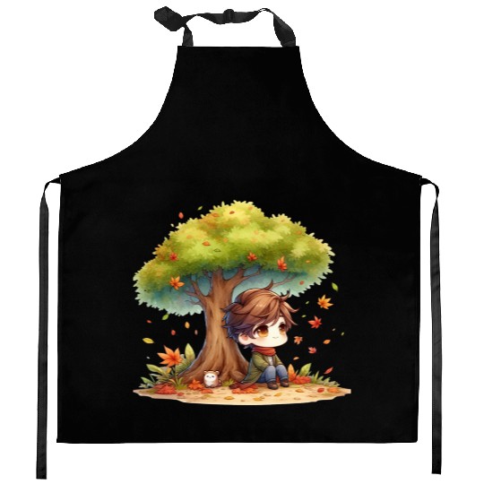 Autumn Serenity Chibi under a Maple Tree Kitchen Aprons