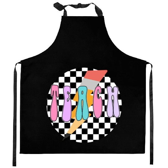 Checkered Teach Kitchen Aprons, Retro Pencil Teacher Kitchen Aprons,