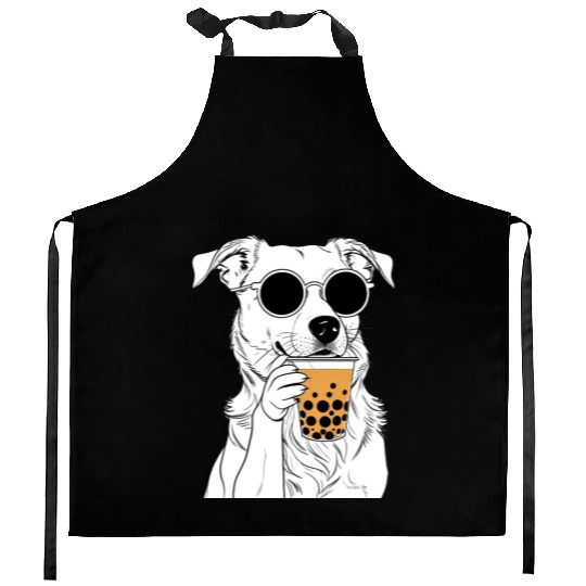 Chill Dog with Sunglasses and Bubble Tea Kitchen Aprons