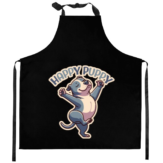happy puppy - pitbull dance Kitchen Aprons