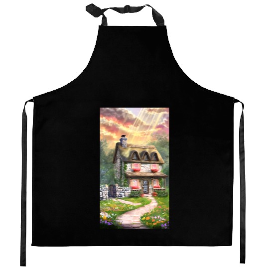 Fairy Tale Cottage in Sunrise Light Kitchen Aprons