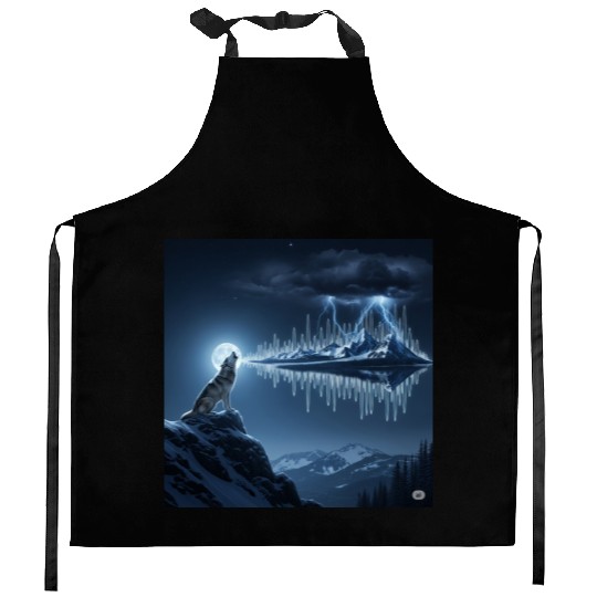 Mystic Mountain Wolf Sound Wave Kitchen Aprons