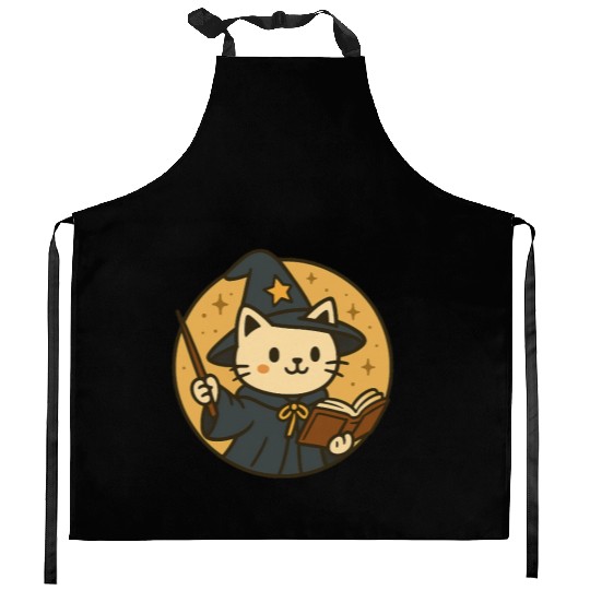 Whimsical Cat Wizard in Starry Night Kitchen Aprons