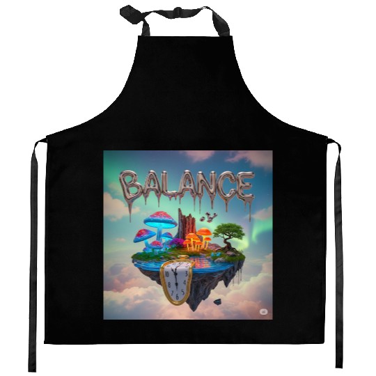 Surreal Floating Island with Mushrooms and Time Kitchen Aprons