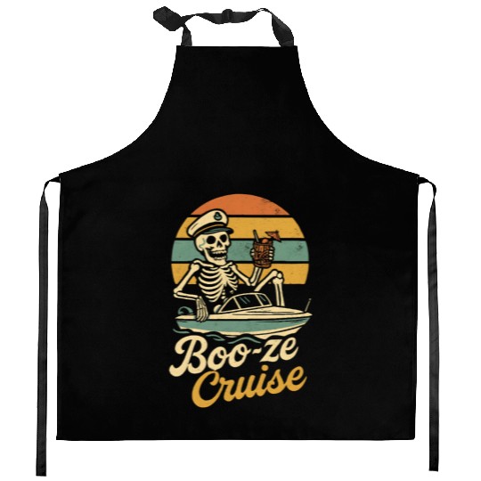 "Booze Cruise Kitchen Aprons - Funny Skeleton Boat Captai