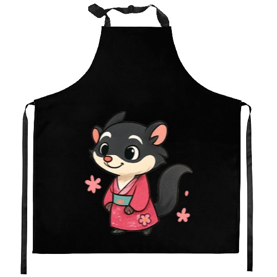 Kawaii Sly Fox in Traditional Kimono Kitchen Aprons