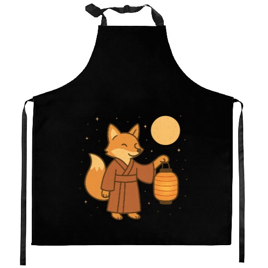 Cute Fox in Traditional Kimono with Lantern Kitchen Aprons