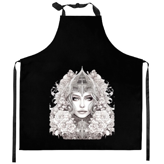 Elegant Fantasy Queen with Floral Crown Kitchen Aprons