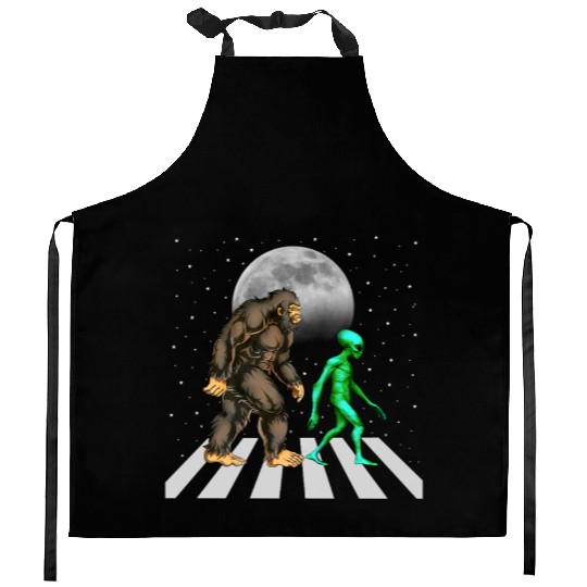 Bigfoot And Alien Cross The Street UFO Enthusiasts Kitchen Aprons