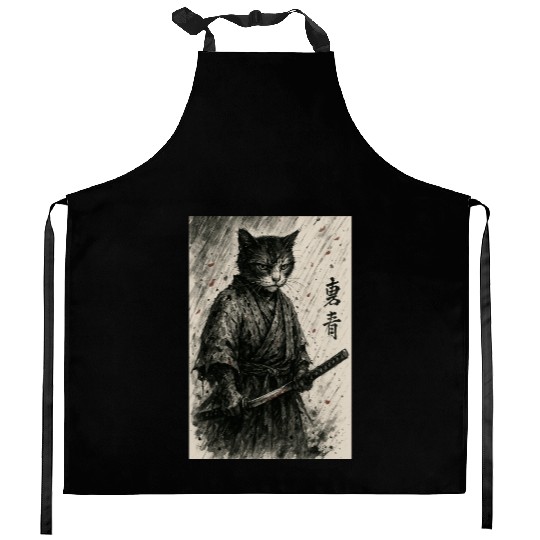 Samurai Cat Warrior Vintage Japanese Art Design Kitchen Aprons