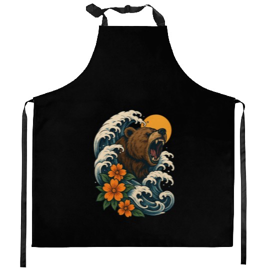 Bear Surfer Wave with Hibiscus Flowers Kitchen Aprons