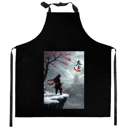 Samurai Warrior Under Cherry Blossom Tree Kitchen Aprons