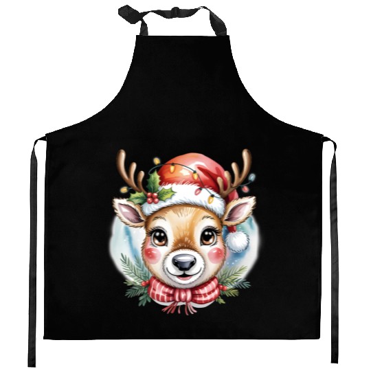 Cute Rudolph Reindeer Watercolor Christmas Art Kitchen Aprons