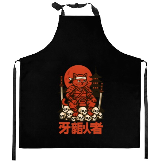 Samurai Cat with Skulls and Pagoda Kitchen Aprons