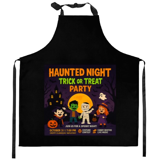 Haunted Night Trick or Treat Party Poster Kitchen Aprons