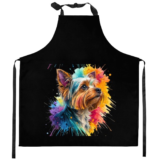 Vibrant Yorkie Watercolor Portrait Kitchen Aprons