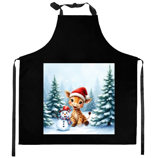 Festive Giraffe with Snowman Santa Hat Kitchen Aprons
